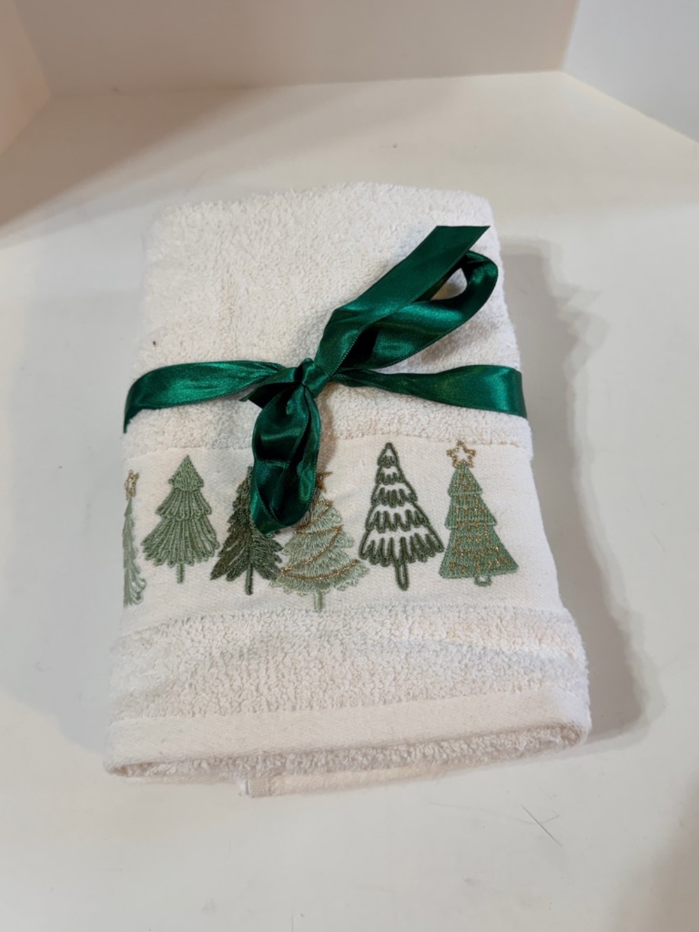 White Hand Towel with Green Embroidered Trees and Ribbon